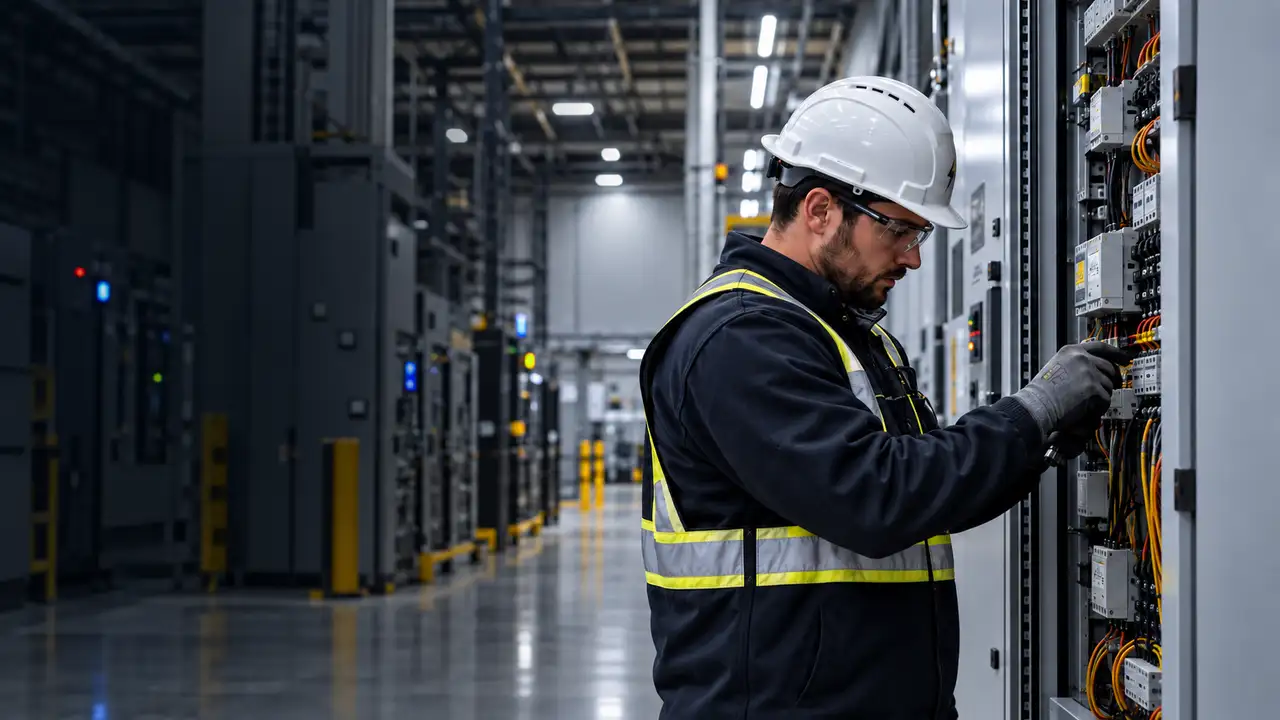 Electrical professional inspecting a commercial switchgear panel