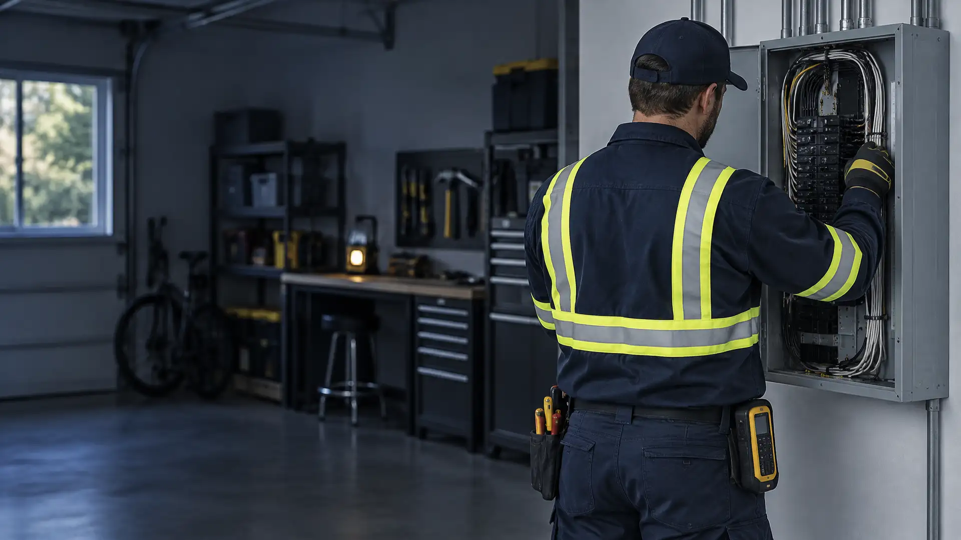 Electrician in hi-vis workwear checking a residential electrical panel in a garage